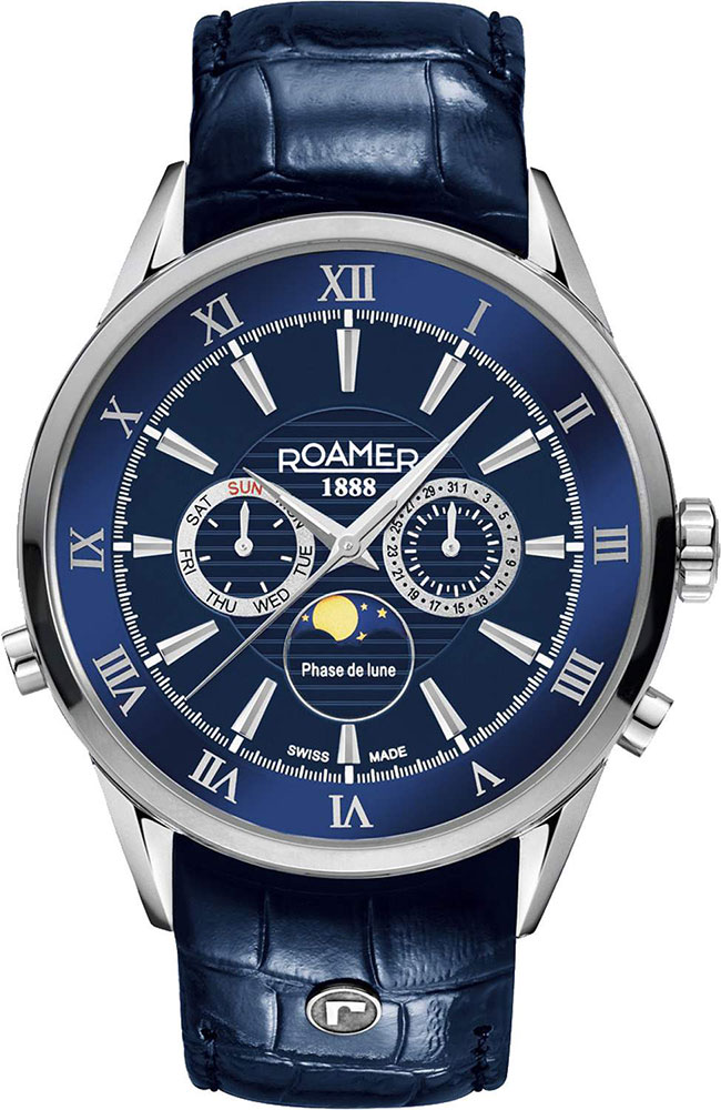 Men's Watch ROAMER Superior Moon Phase Blue Leather Strap 508821
