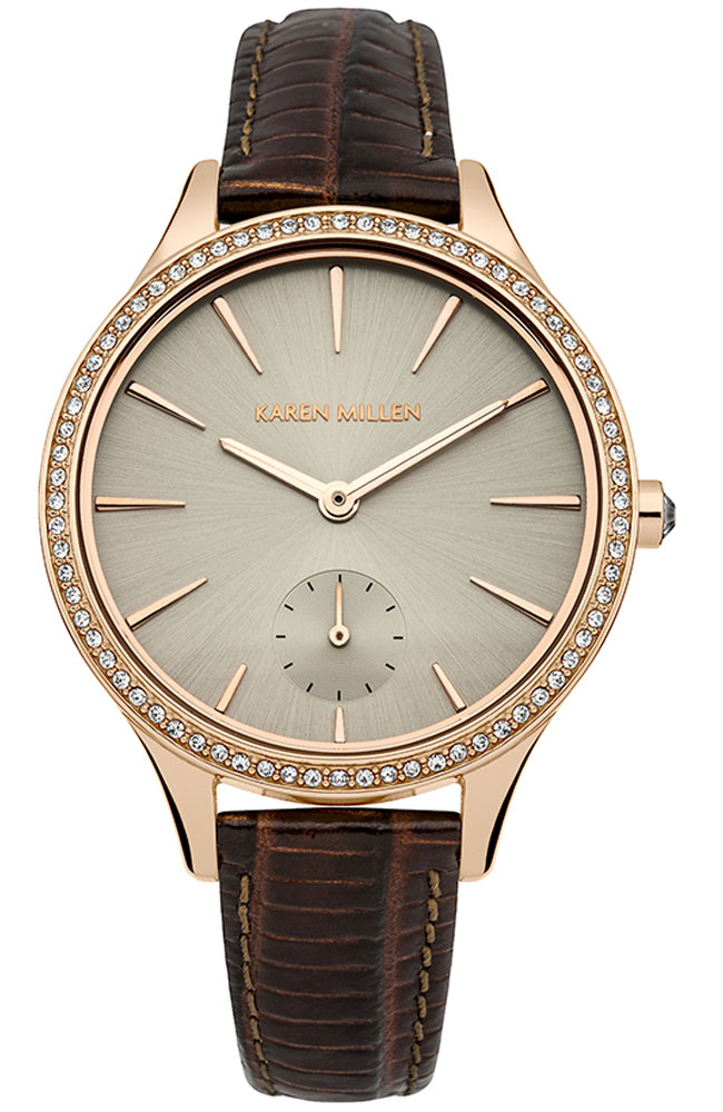 Ladies Watch KAREN MILLEN Crystals Rose Gold Brown Leather Strap
