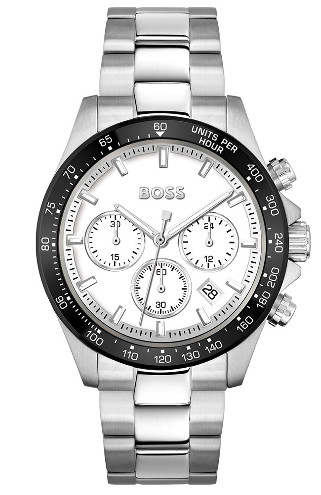 BOSS Orologio Uomo HERO Cronografo Quarzo, Cinturino In Acciaio Inox Argentato, Cassa 43mm, Quadrante Bianco, 50m防水
